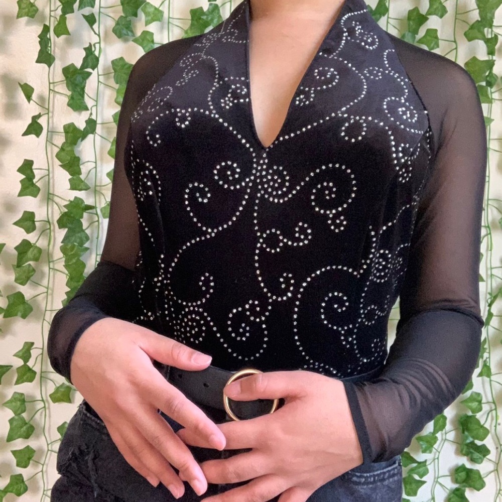 Vintage black velvet halter top w/ mesh underlay